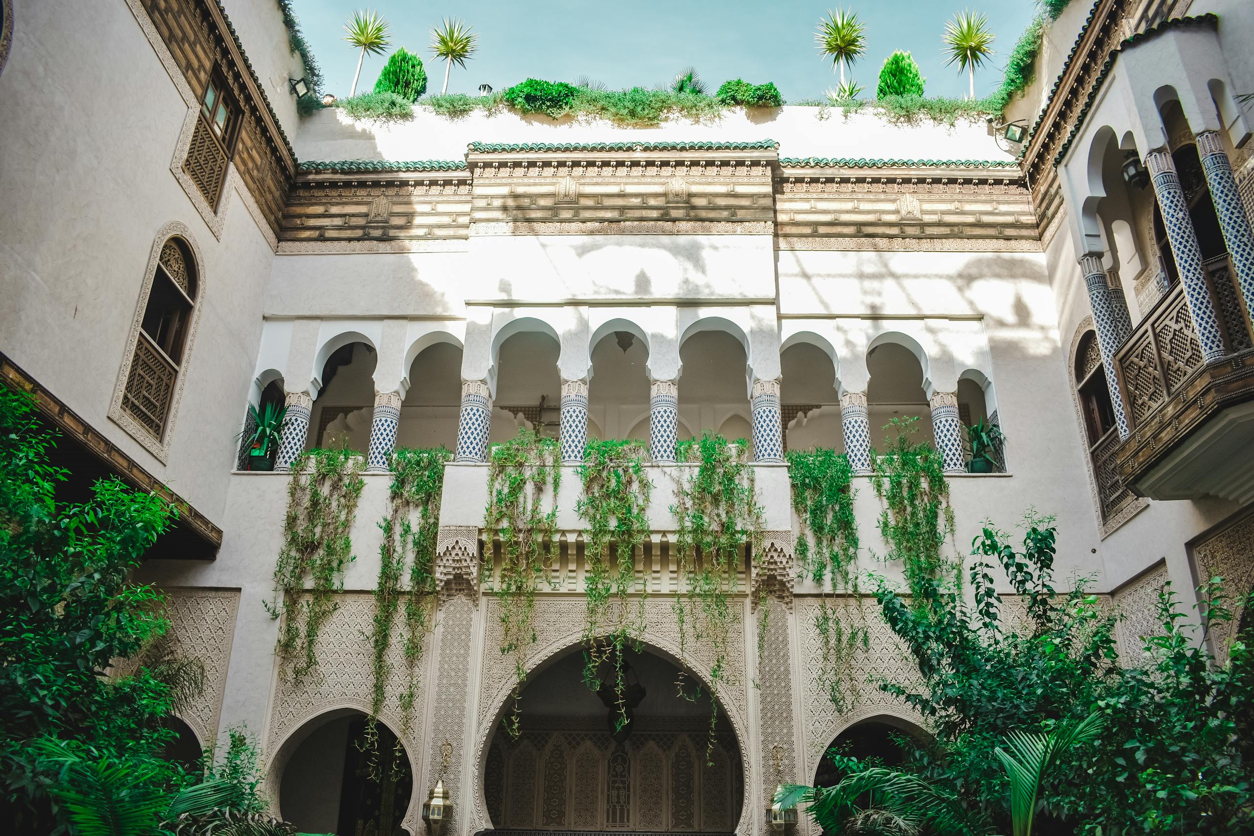 Arched Moroccan courtyard with climbing plants in Fes, Morocco showcasing traditional design.
